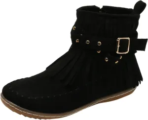 Womens Moccasins Fringe Ankle Boots Retro Suede Leather Tassel Studded Moccasins Shoes Non Slip Flat Heel Fall Winter Casual Fashion Booties with Zipper