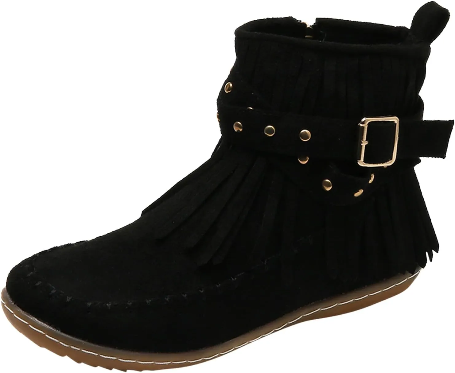 Womens Moccasins Fringe Ankle Boots Retro Suede Leather Tassel Studded Moccasins Shoes Non Slip Flat Heel Fall Winter Casual Fashion Booties with Zipper