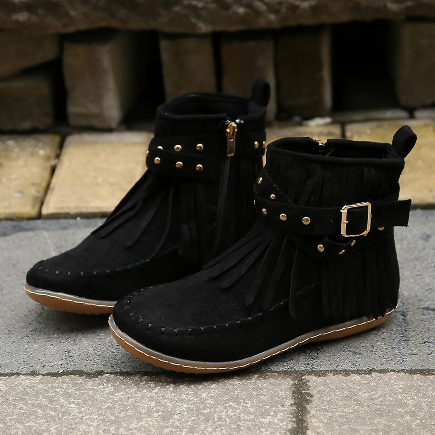 Womens Moccasins Fringe Ankle Boots Retro Suede Leather Tassel Studded Moccasins Shoes Non Slip Flat Heel Fall Winter Casual Fashion Booties with Zipper