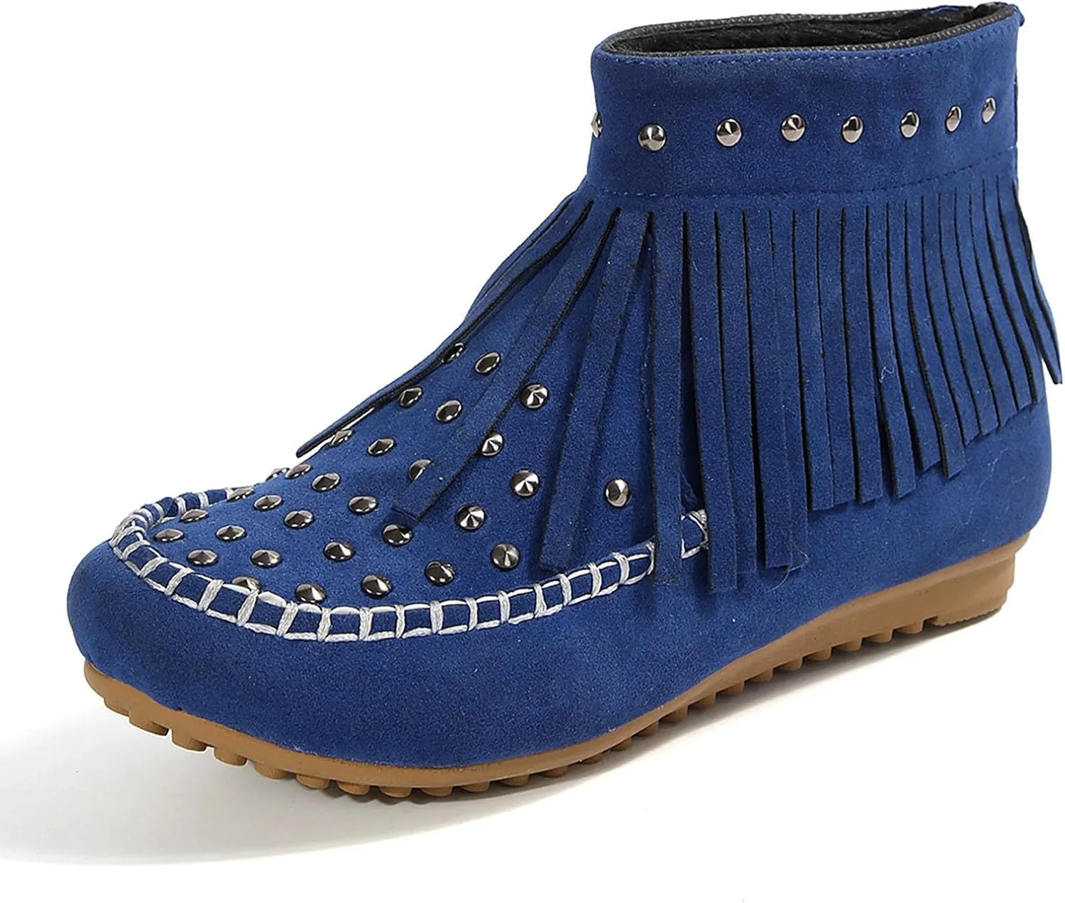 Womens Moccasins Fringe Ankle Boots Retro Suede Leather Tassel Studded Moccasins Shoes Non Slip Flat Heel Fall Winter Casual Fashion Booties with Zipper
