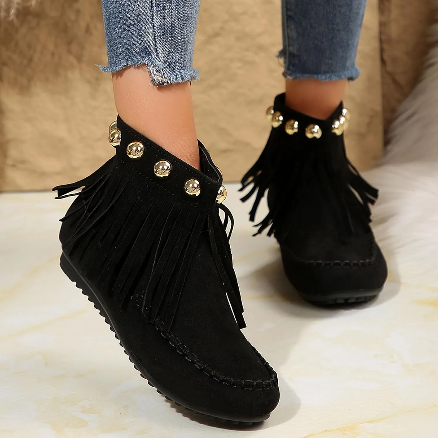 Womens Moccasins Fringe Ankle Boots Retro Suede Leather Tassel Studded Moccasins Shoes Non Slip Flat Heel Fall Winter Casual Fashion Booties with Zipper