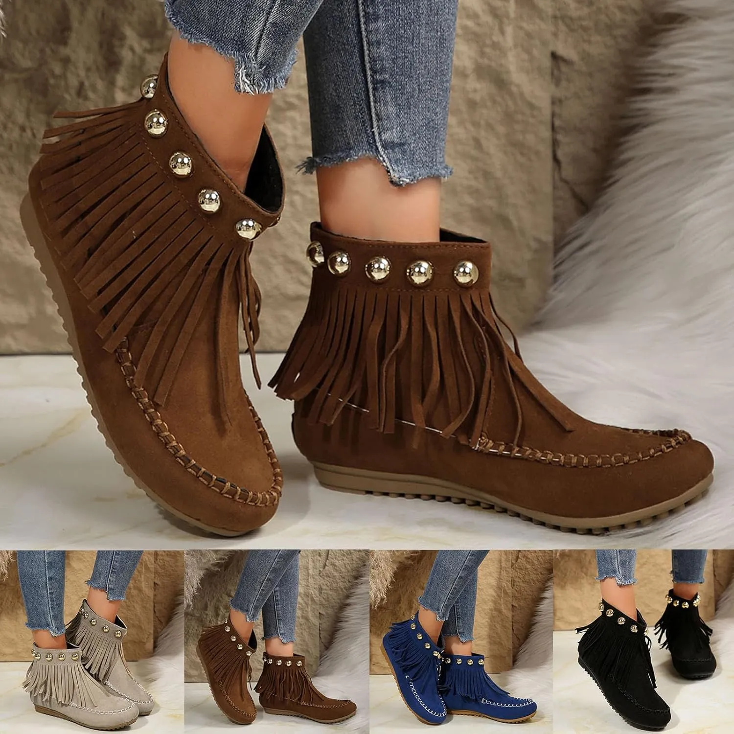 Womens Moccasins Fringe Ankle Boots Retro Suede Leather Tassel Studded Moccasins Shoes Non Slip Flat Heel Fall Winter Casual Fashion Booties with Zipper