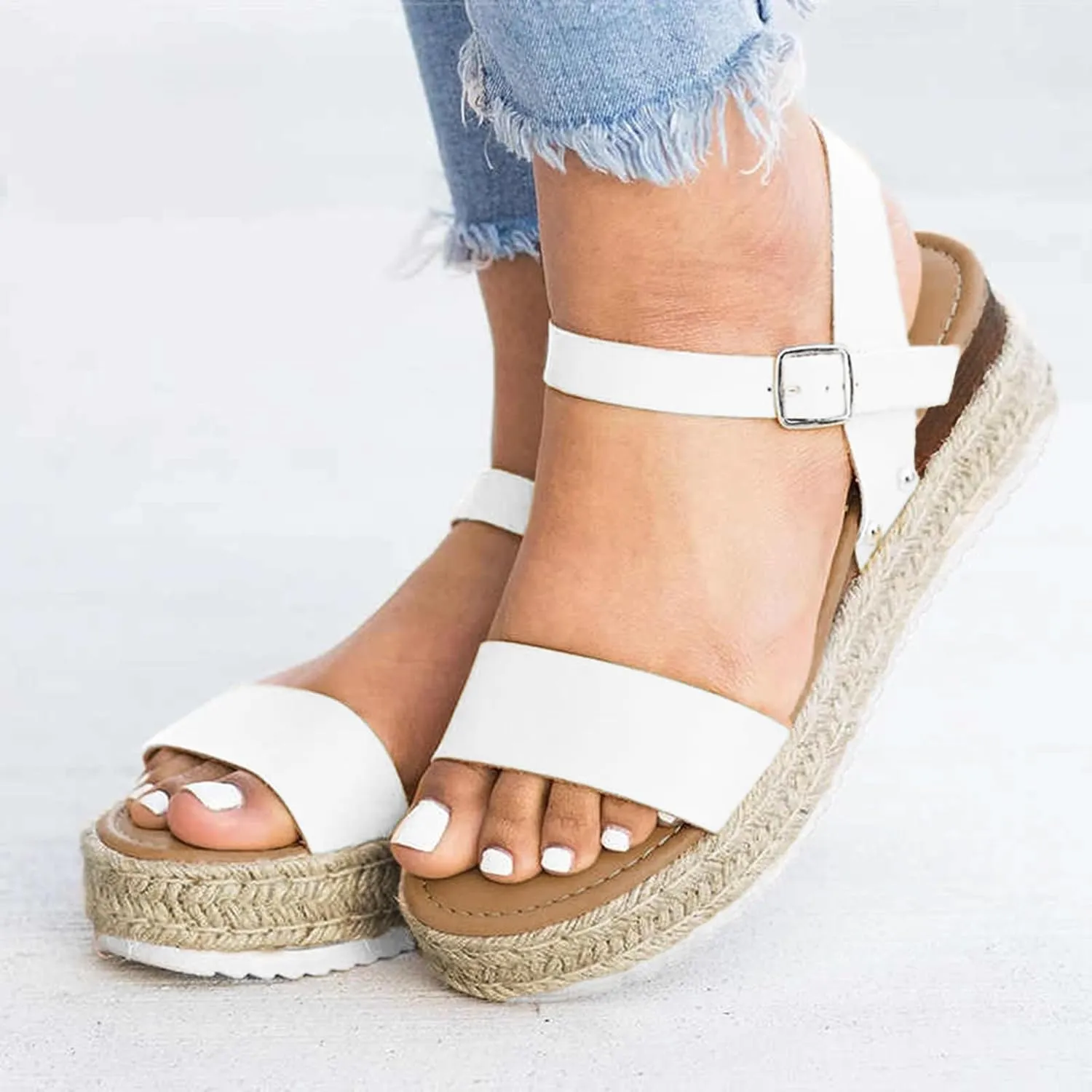 Womens Open Toe Buckle Ankle Strap Espadrilles Summer Casual Flatform Wedge Sandals