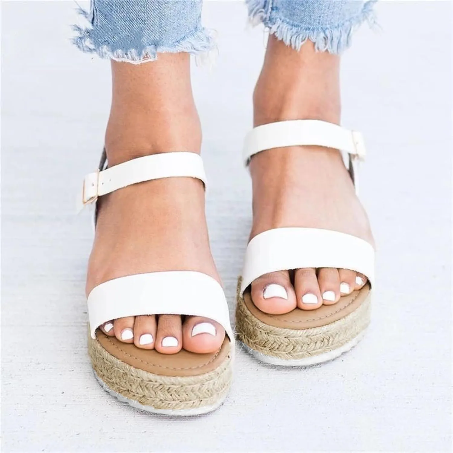 Womens Open Toe Buckle Ankle Strap Espadrilles Summer Casual Flatform Wedge Sandals