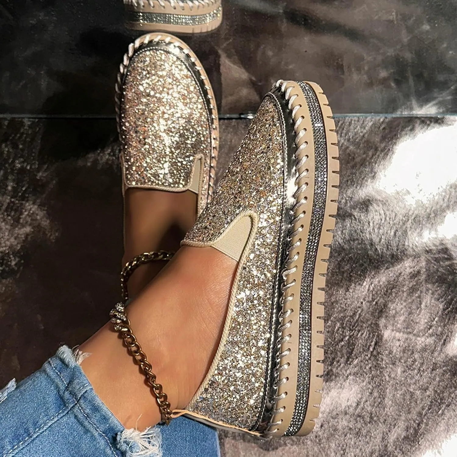 Women's Platform Shoes Slip On Rhinestone Sneakers