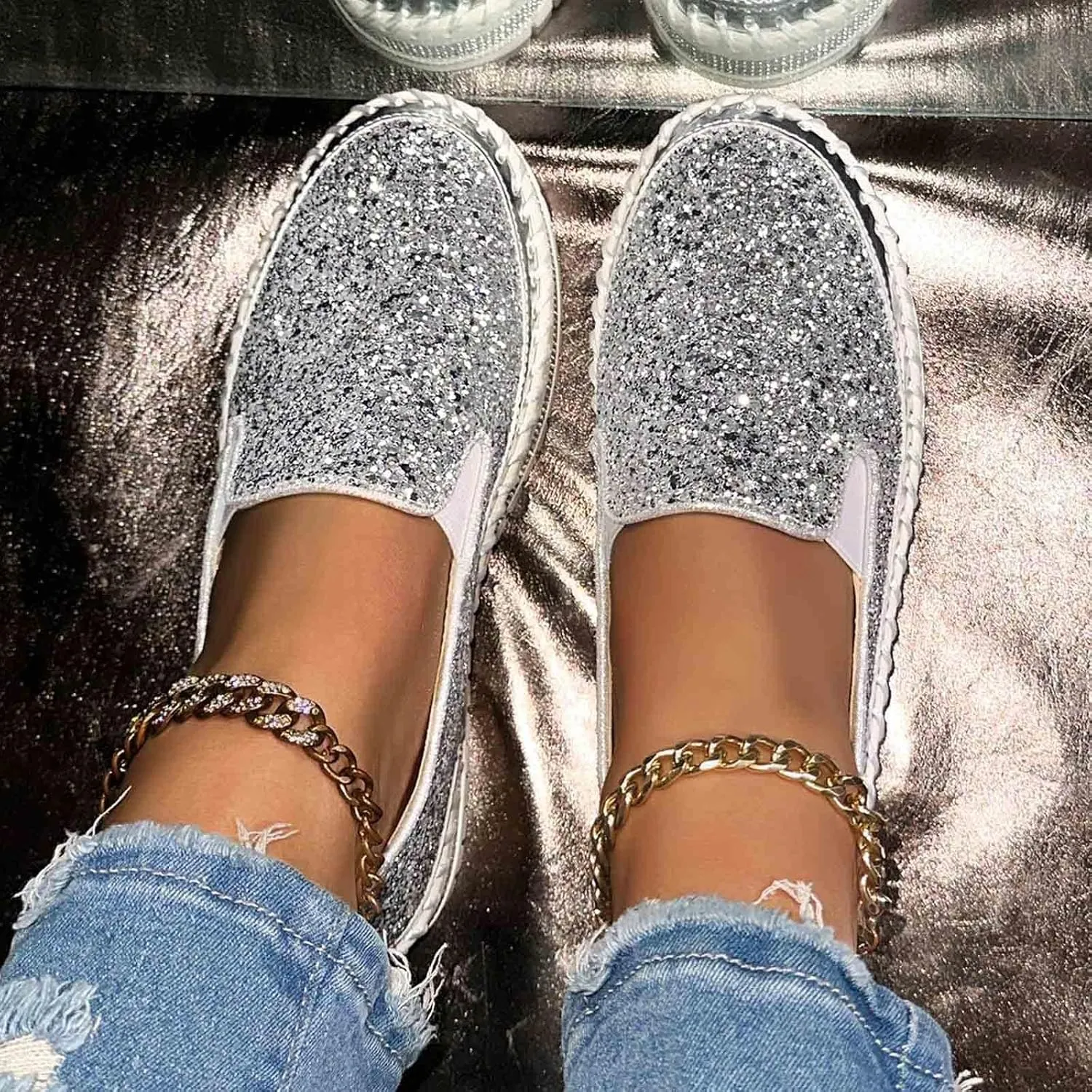 Women's Platform Shoes Slip On Rhinestone Sneakers