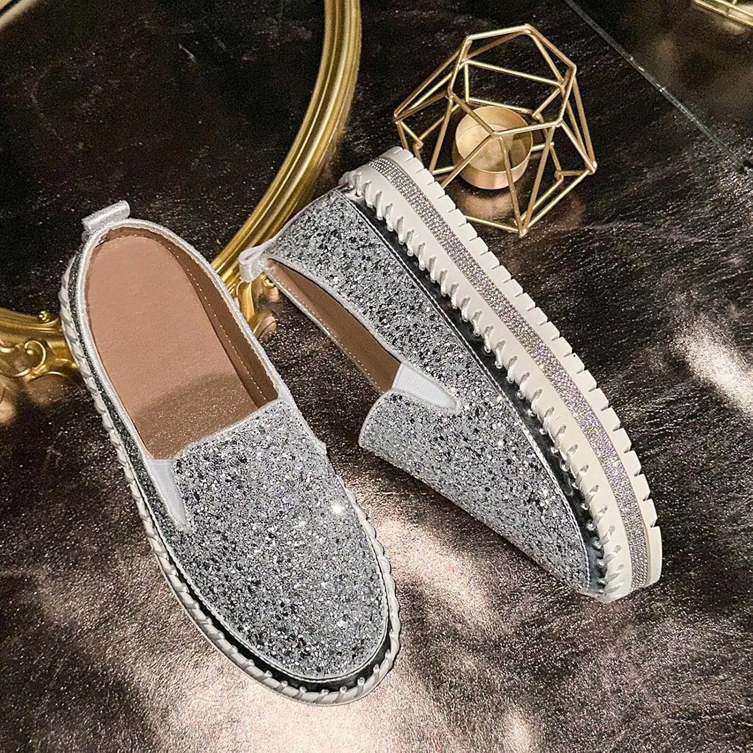 Women's Platform Shoes Slip On Rhinestone Sneakers
