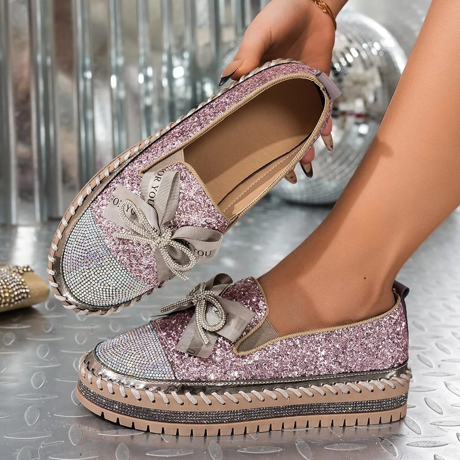 Women's Platform Shoes Slip On Rhinestone Sneakers