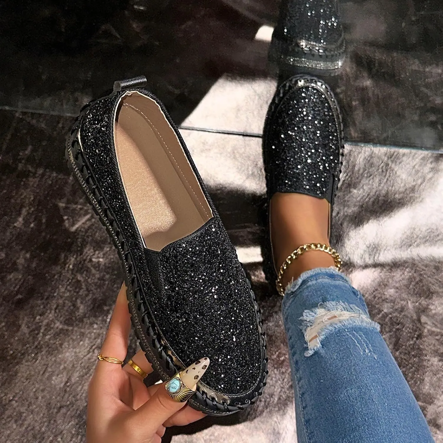 Women's Platform Shoes Slip On Rhinestone Sneakers