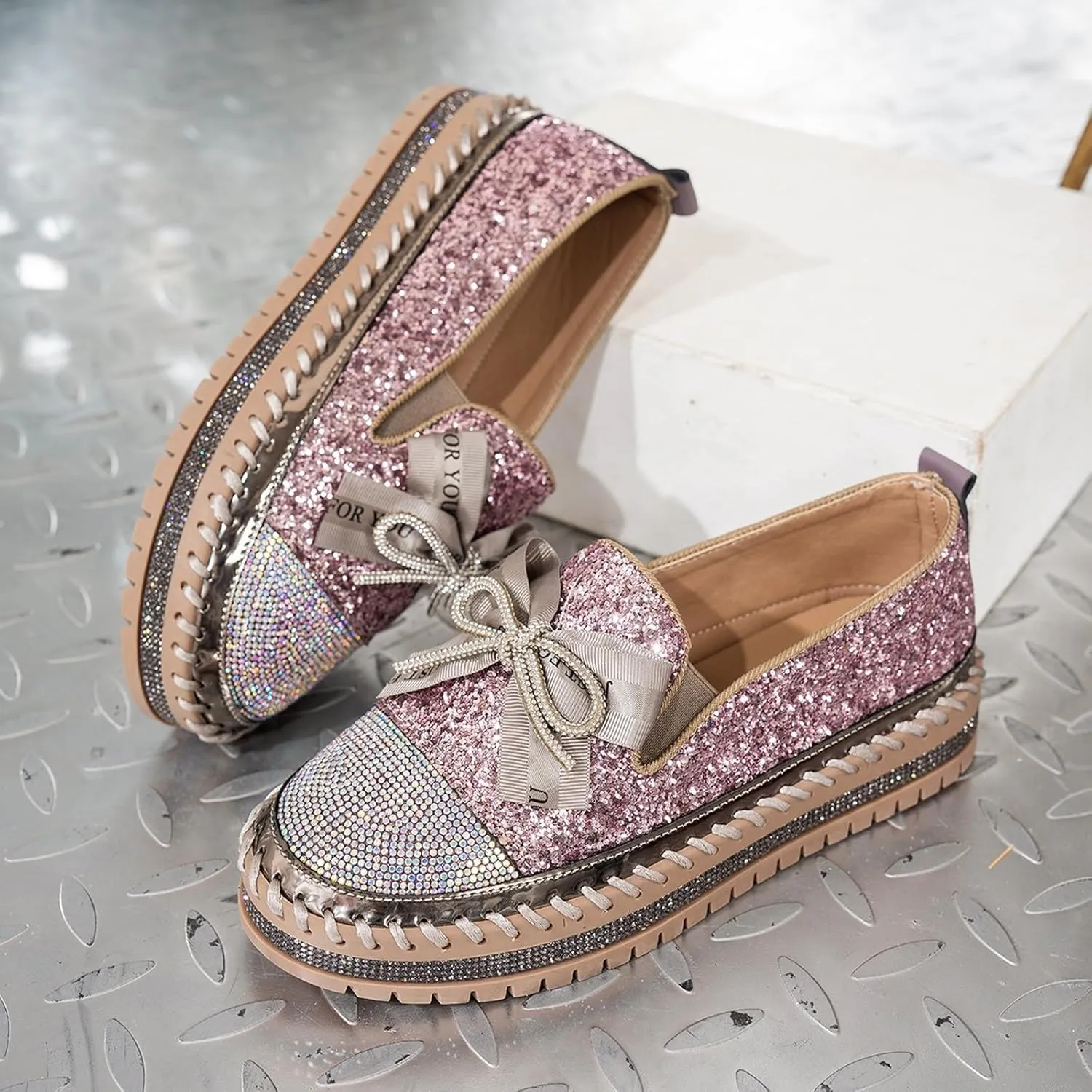 Women's Platform Shoes Slip On Rhinestone Sneakers