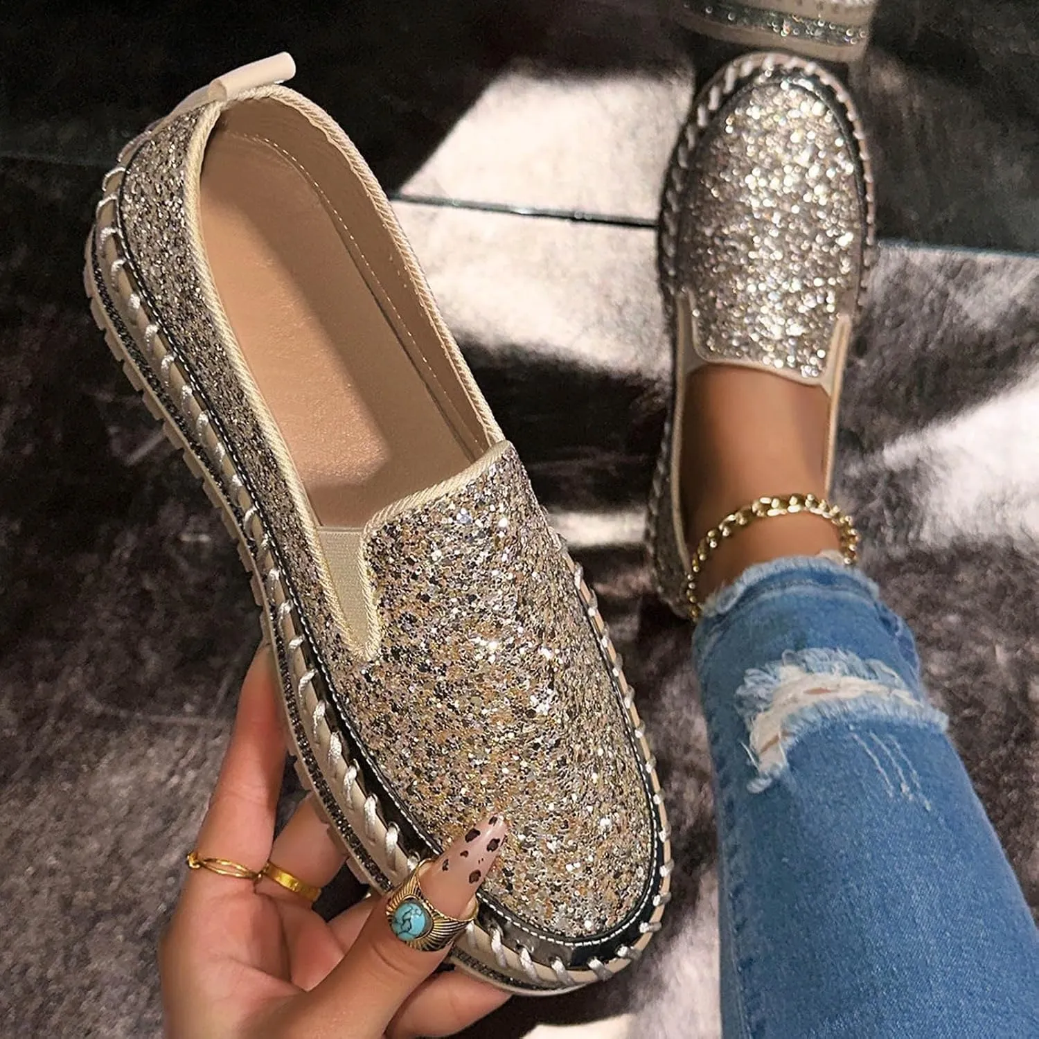 Women's Platform Shoes Slip On Rhinestone Sneakers