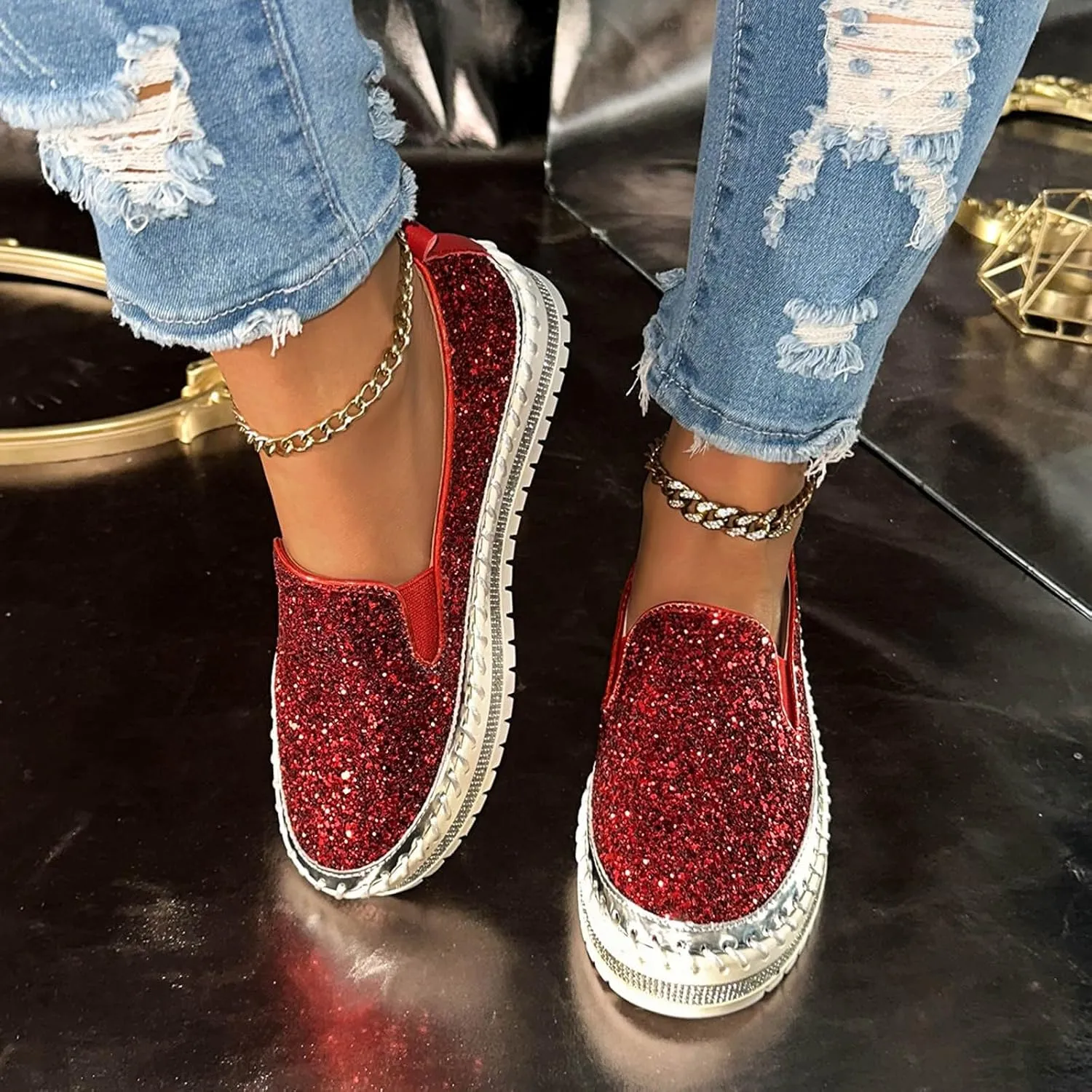 Women's Platform Shoes Slip On Rhinestone Sneakers