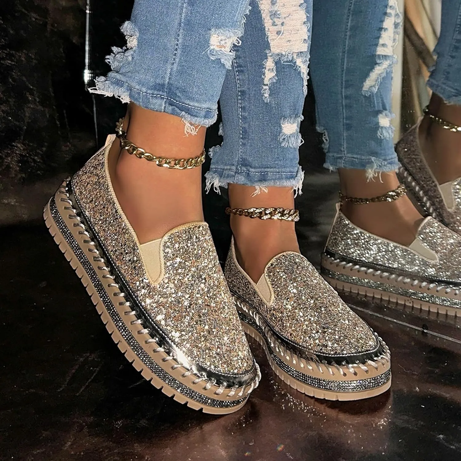 Women's Platform Shoes Slip On Rhinestone Sneakers