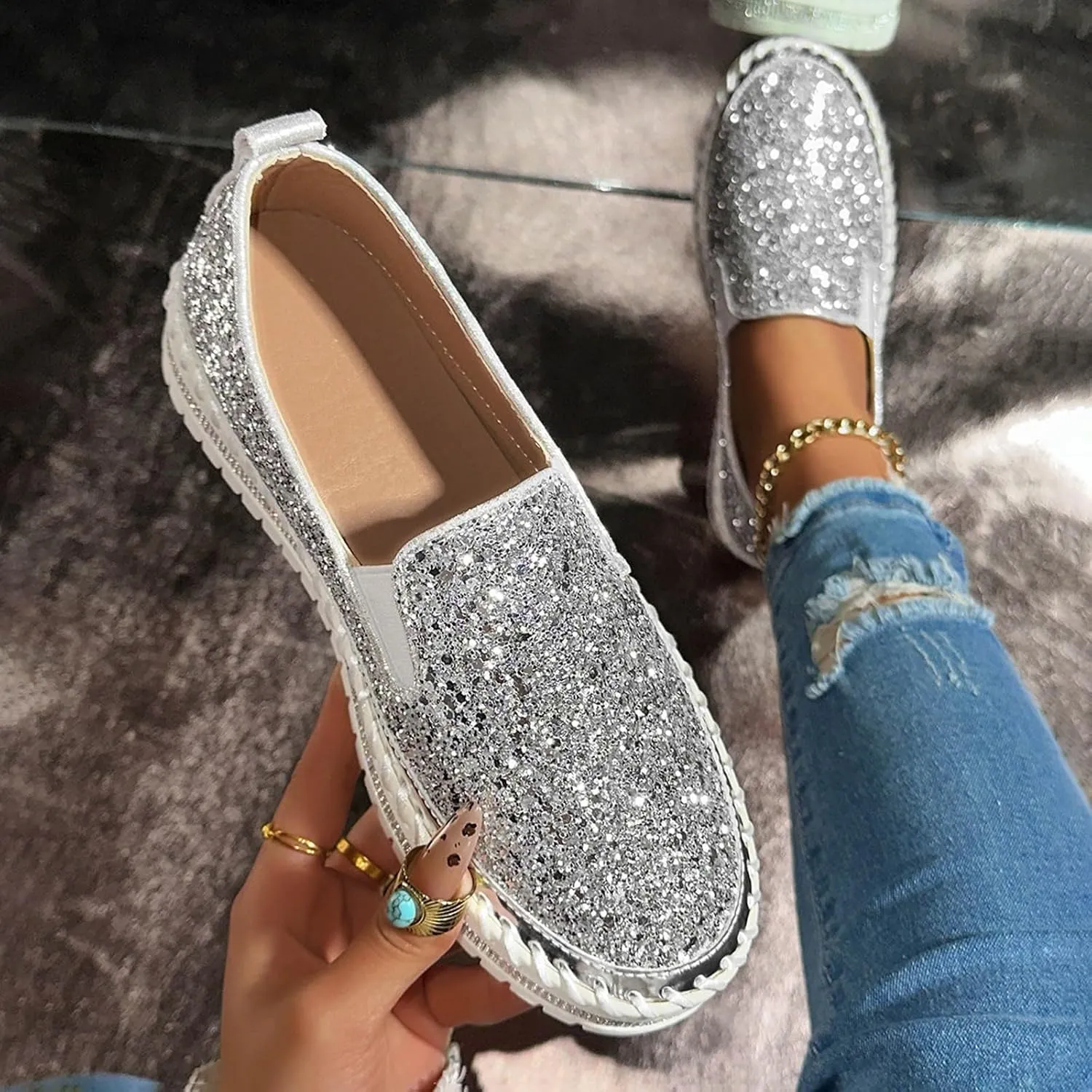 Women's Platform Shoes Slip On Rhinestone Sneakers