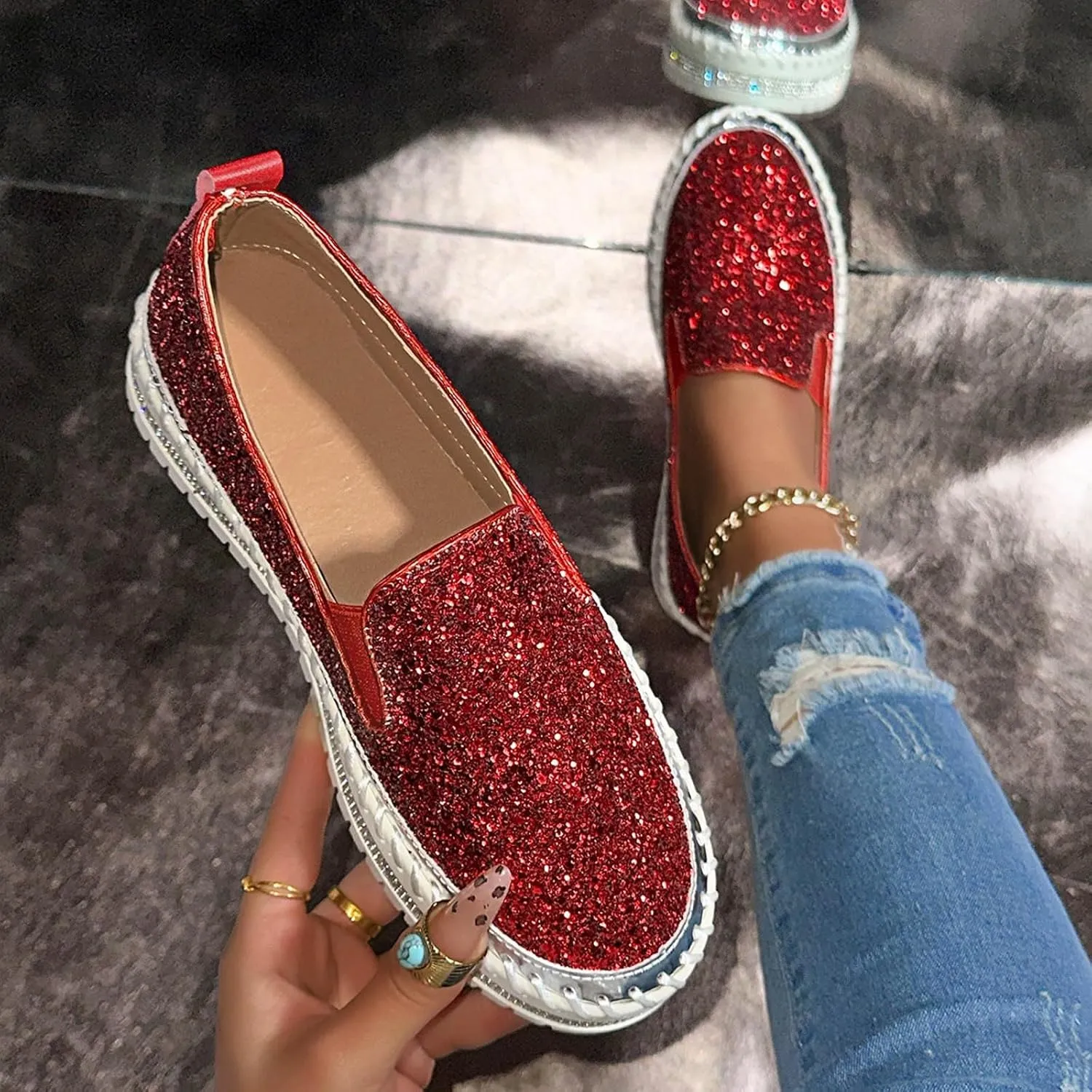 Women's Platform Shoes Slip On Rhinestone Sneakers