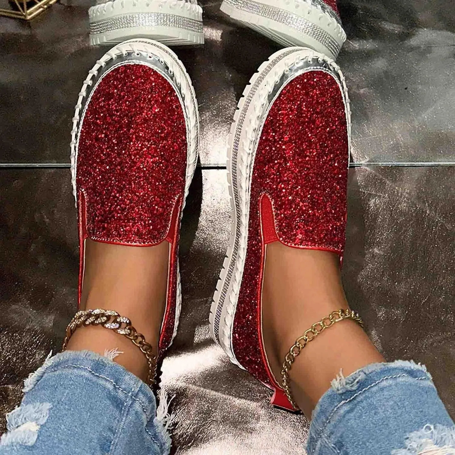 Women's Platform Shoes Slip On Rhinestone Sneakers