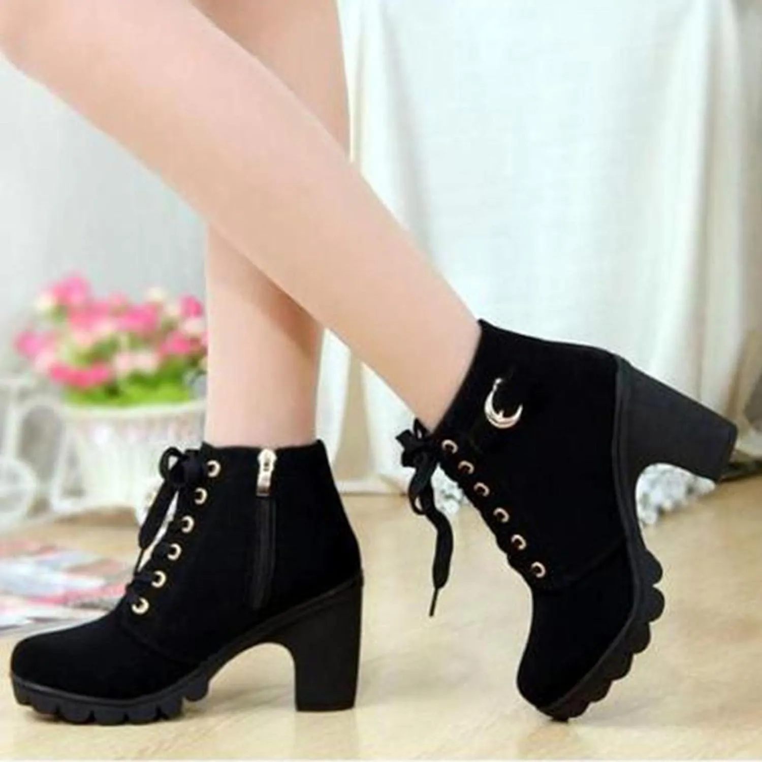 Womens Side Zipper Lace Ankle Boot Chunky High Heel Pointed Toe Suede Short Boots Leather Winter Warm Booties Shoes