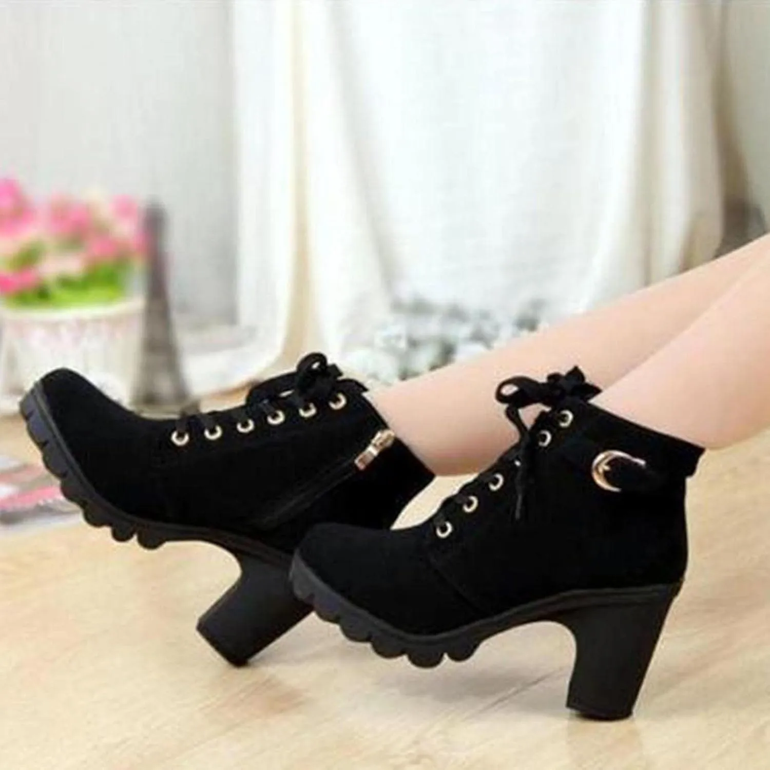 Womens Side Zipper Lace Ankle Boot Chunky High Heel Pointed Toe Suede Short Boots Leather Winter Warm Booties Shoes