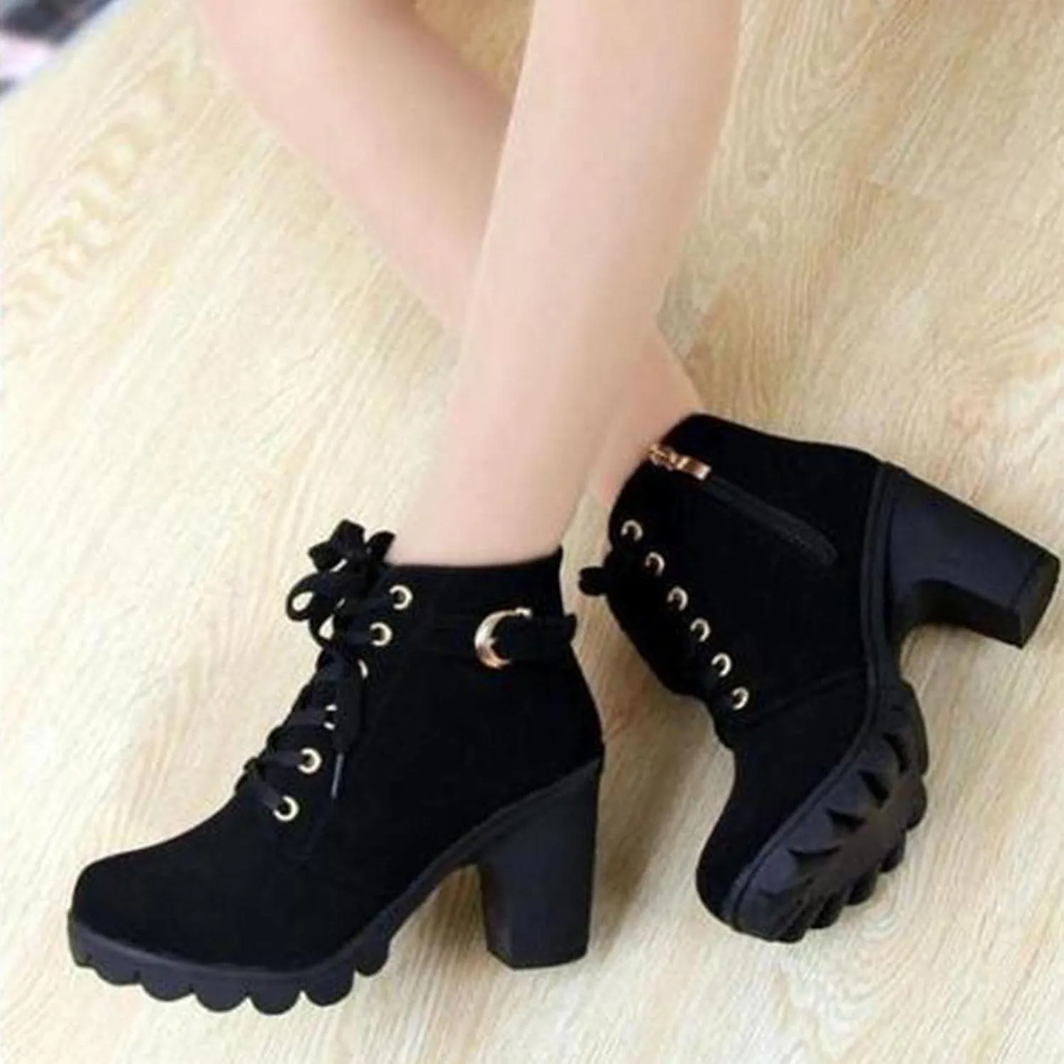 Womens Side Zipper Lace Ankle Boot Chunky High Heel Pointed Toe Suede Short Boots Leather Winter Warm Booties Shoes
