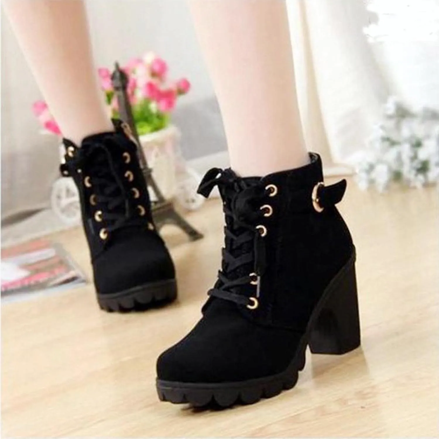 Womens Side Zipper Lace Ankle Boot Chunky High Heel Pointed Toe Suede Short Boots Leather Winter Warm Booties Shoes