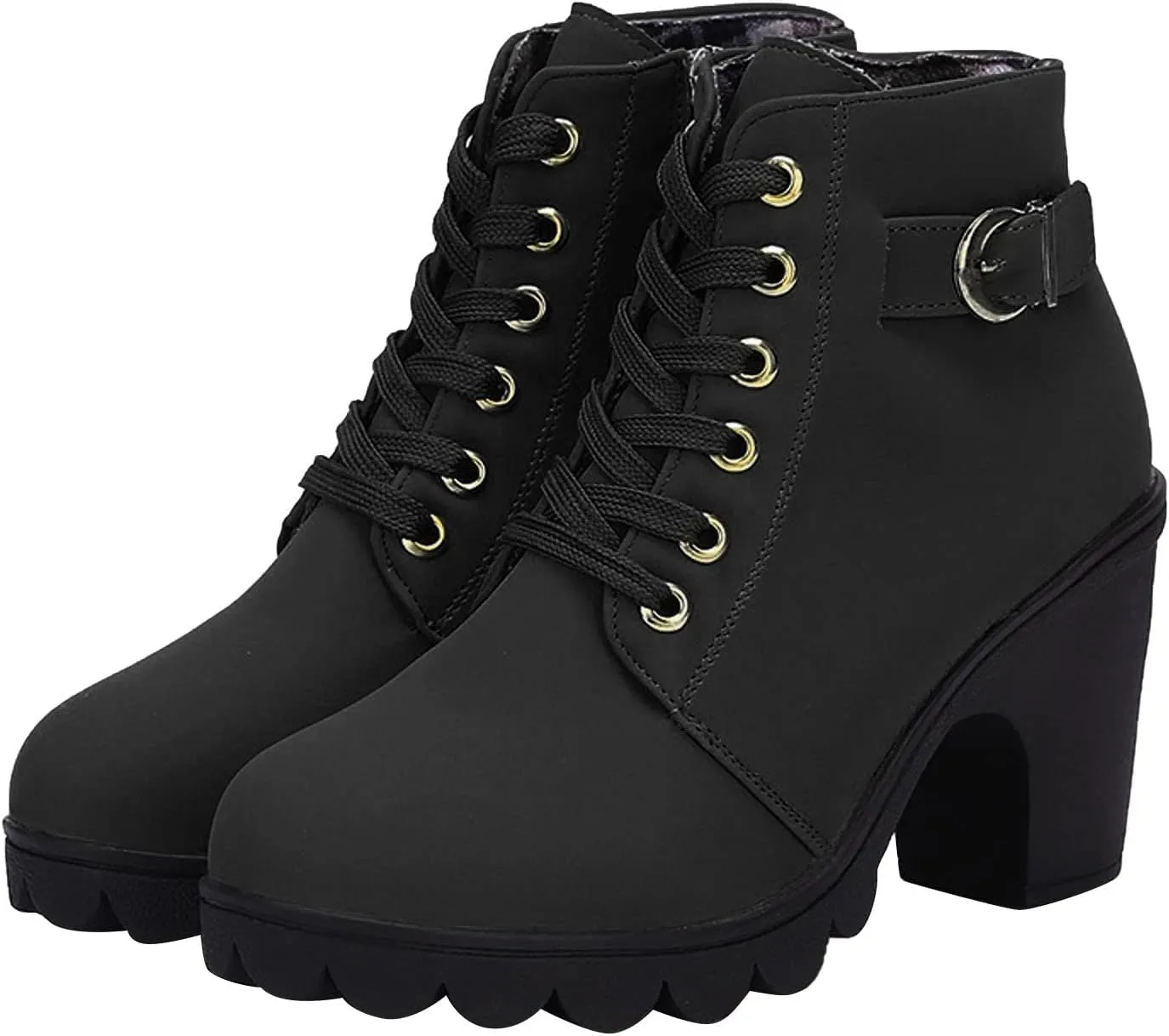 Womens Side Zipper Lace Ankle Boot Chunky High Heel Pointed Toe Suede Short Boots Leather Winter Warm Booties Shoes