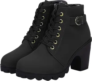 Womens Side Zipper Lace Ankle Boot Chunky High Heel Pointed Toe Suede Short Boots Leather Winter Warm Booties Shoes