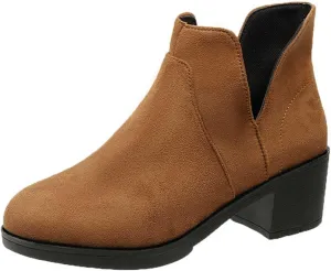 Womens Slip on Ankle Boots V Cutout Pointed Toe Chunky Mid Heel Booties Comfortable Classic Western Boots
