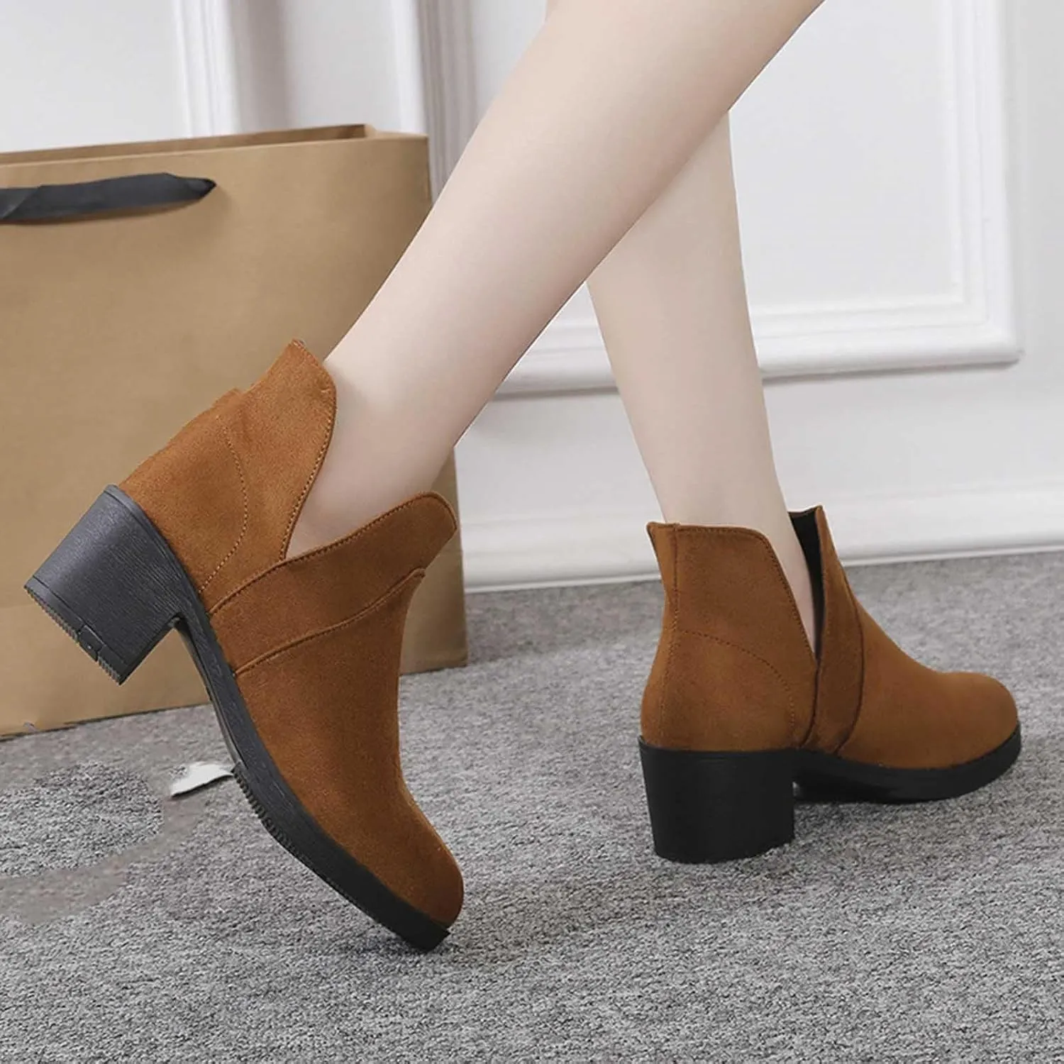 Womens Slip on Ankle Boots V Cutout Pointed Toe Chunky Mid Heel Booties Comfortable Classic Western Boots