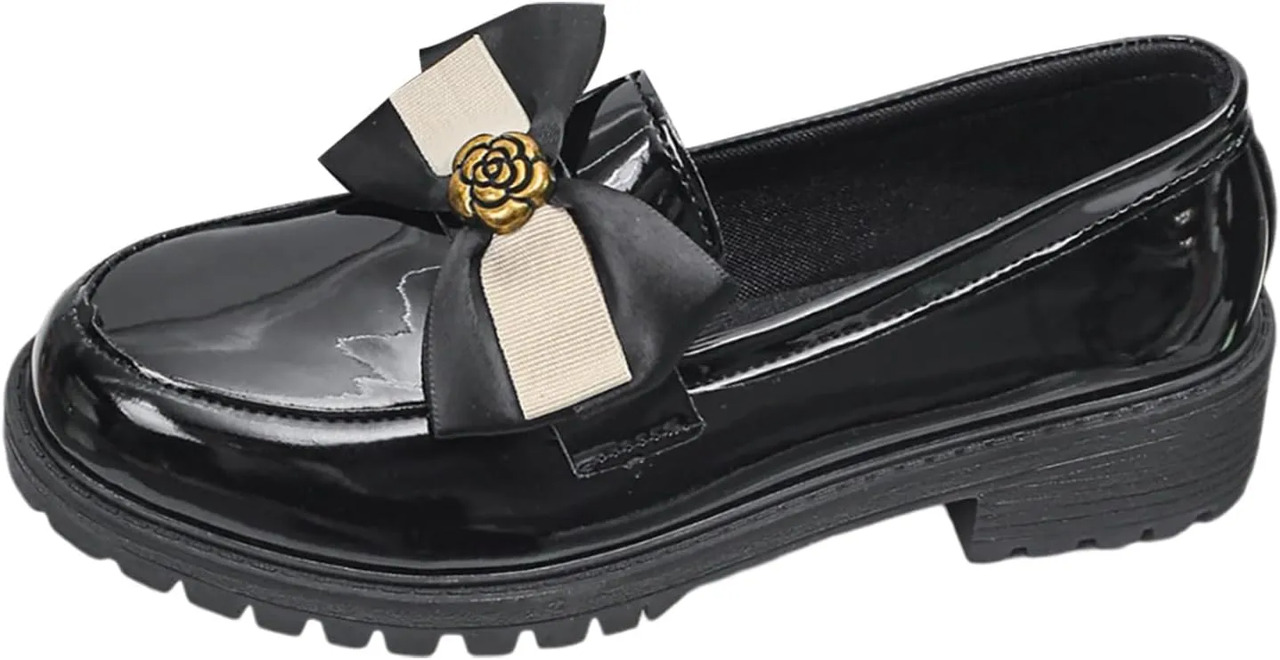 Womens Slip On Shoes Comfort Chunky Loafers Leather Penny Loafers Cute Bowknot Business Shoes Casual Business Shoe