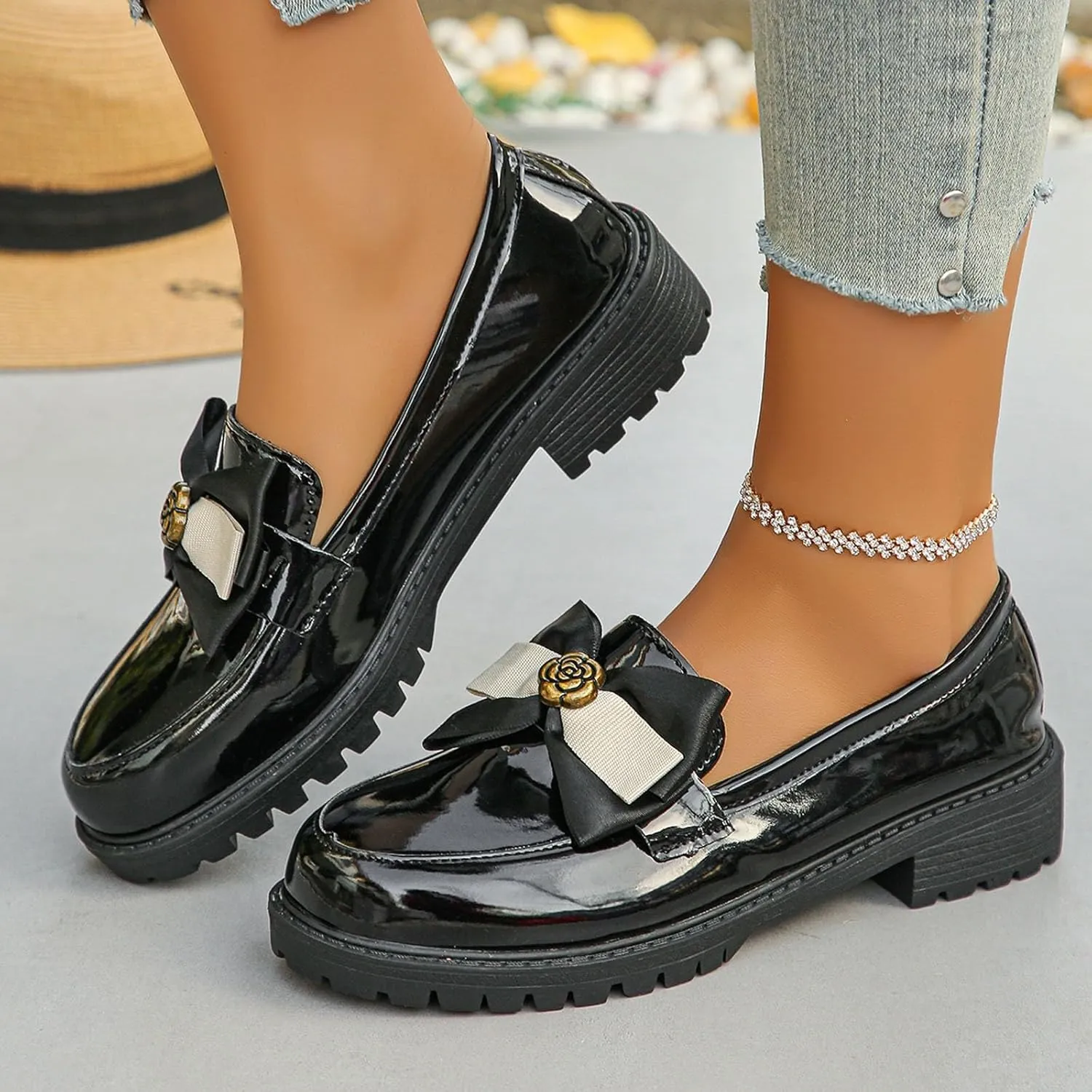 Womens Slip On Shoes Comfort Chunky Loafers Leather Penny Loafers Cute Bowknot Business Shoes Casual Business Shoe