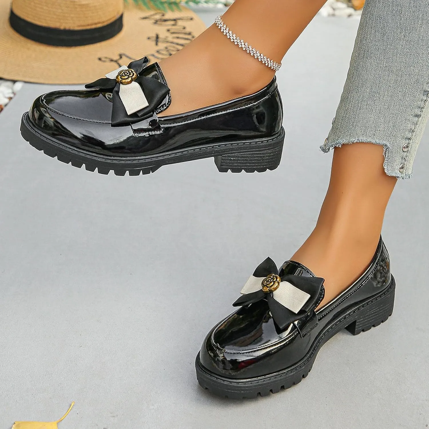 Womens Slip On Shoes Comfort Chunky Loafers Leather Penny Loafers Cute Bowknot Business Shoes Casual Business Shoe