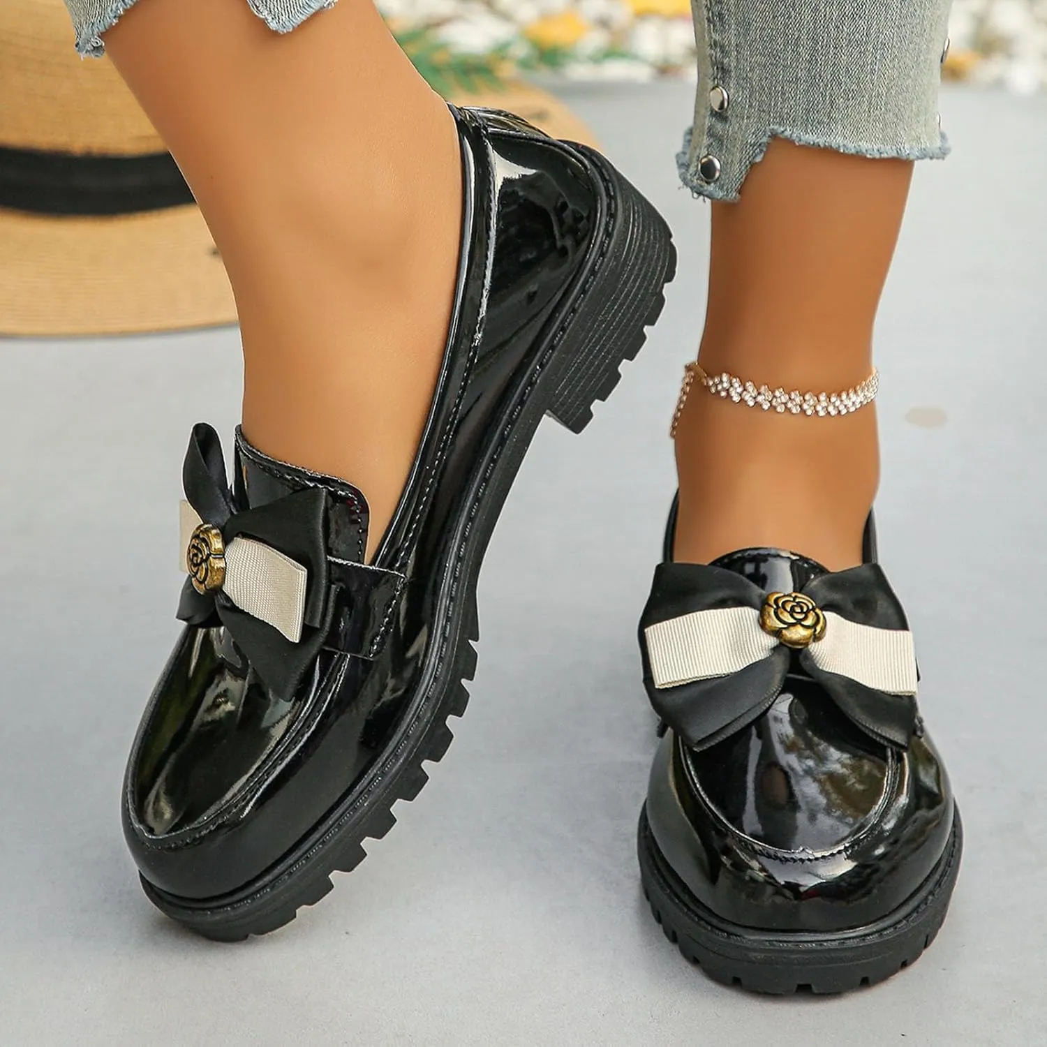 Womens Slip On Shoes Comfort Chunky Loafers Leather Penny Loafers Cute Bowknot Business Shoes Casual Business Shoe