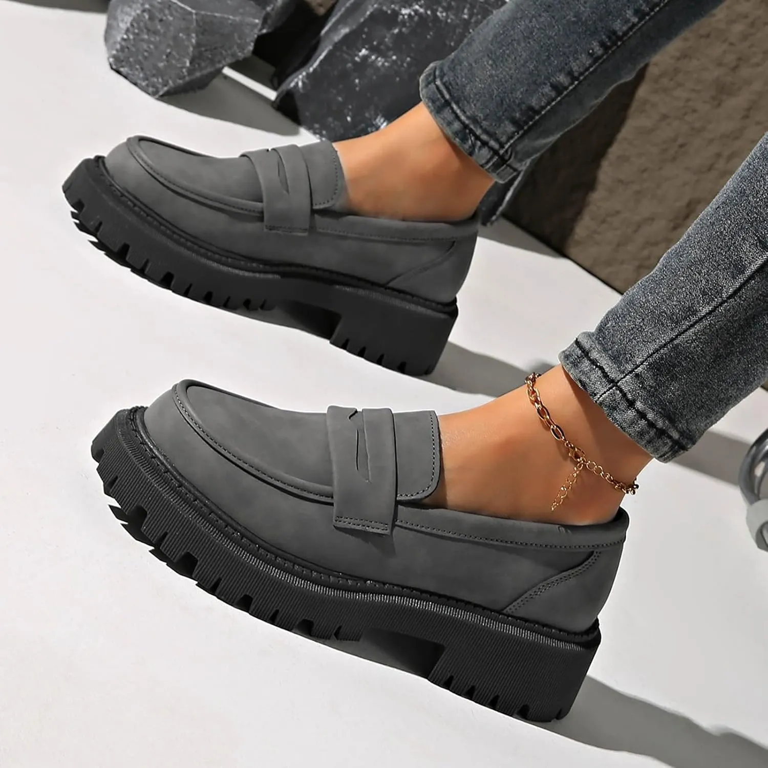 Womens Slip-On Shoes Platform Loafer Comfort Work Shoe Business Casual Shoes Leather Penny Loafers Chunky Loafers