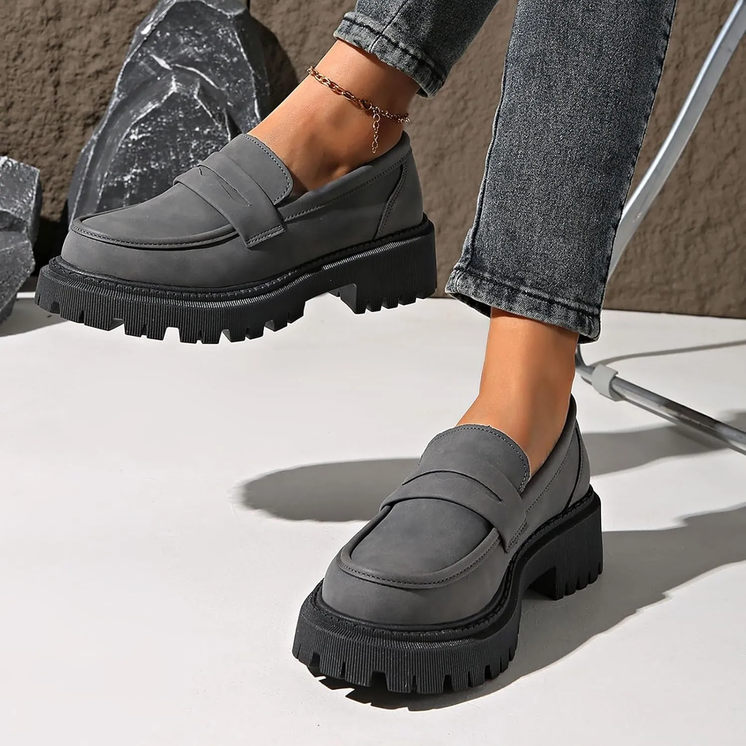 Womens Slip-On Shoes Platform Loafer Comfort Work Shoe Business Casual Shoes Leather Penny Loafers Chunky Loafers