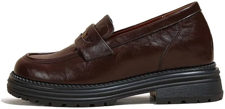 Women's Spring Chunky Heel Platform Loafers with Height Insole - Slip-On Leather Shoes for Comfort and Style