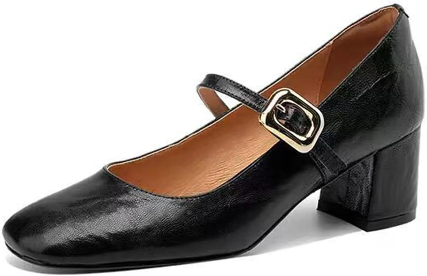 Women's Spring Loafers with Buckle, Leather Material, Chunky Heel, Silver Mary Jane Style - for Any Occasion,Black-38