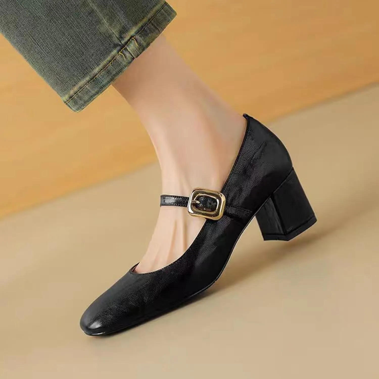 Women's Spring Loafers with Buckle, Leather Material, Chunky Heel, Silver Mary Jane Style - for Any Occasion,Black-38