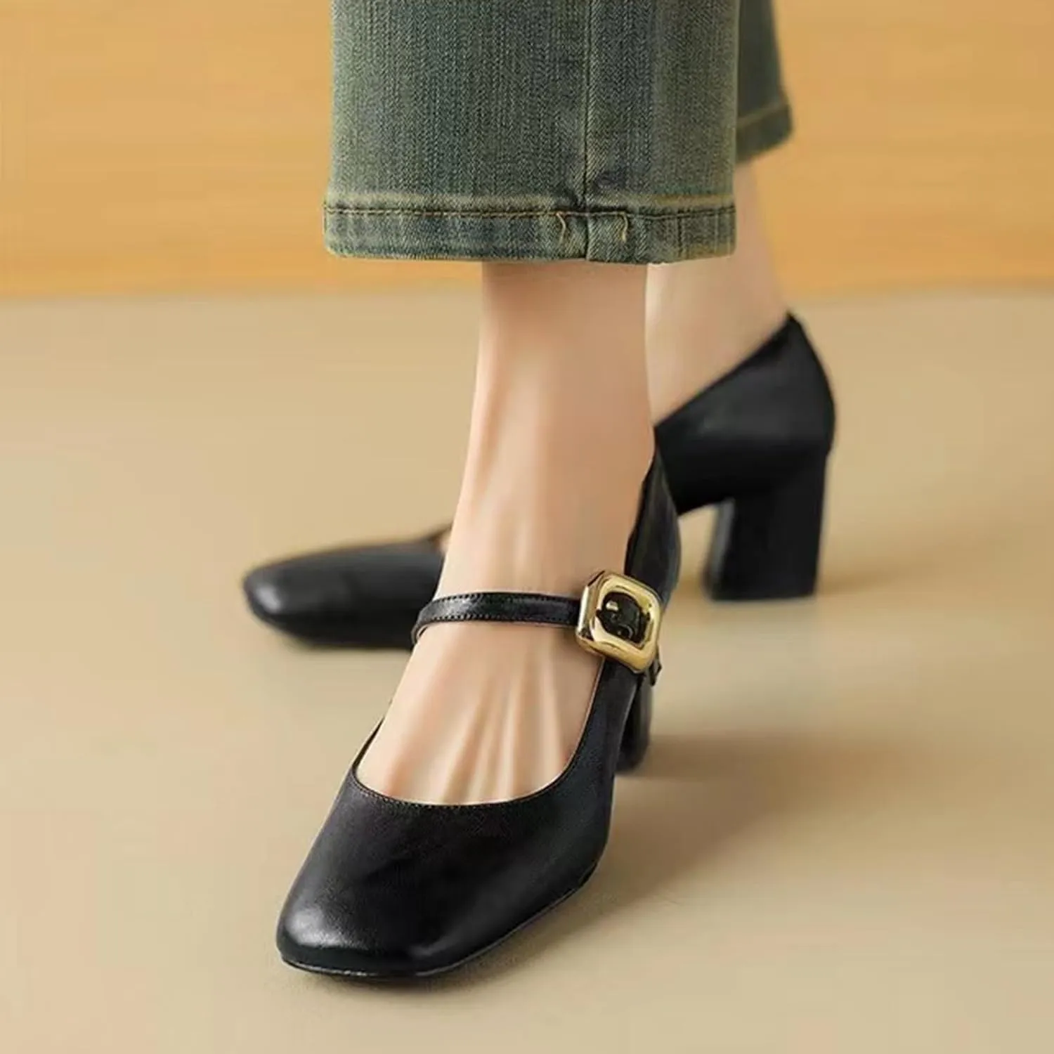 Women's Spring Loafers with Buckle, Leather Material, Chunky Heel, Silver Mary Jane Style - for Any Occasion,Black-38
