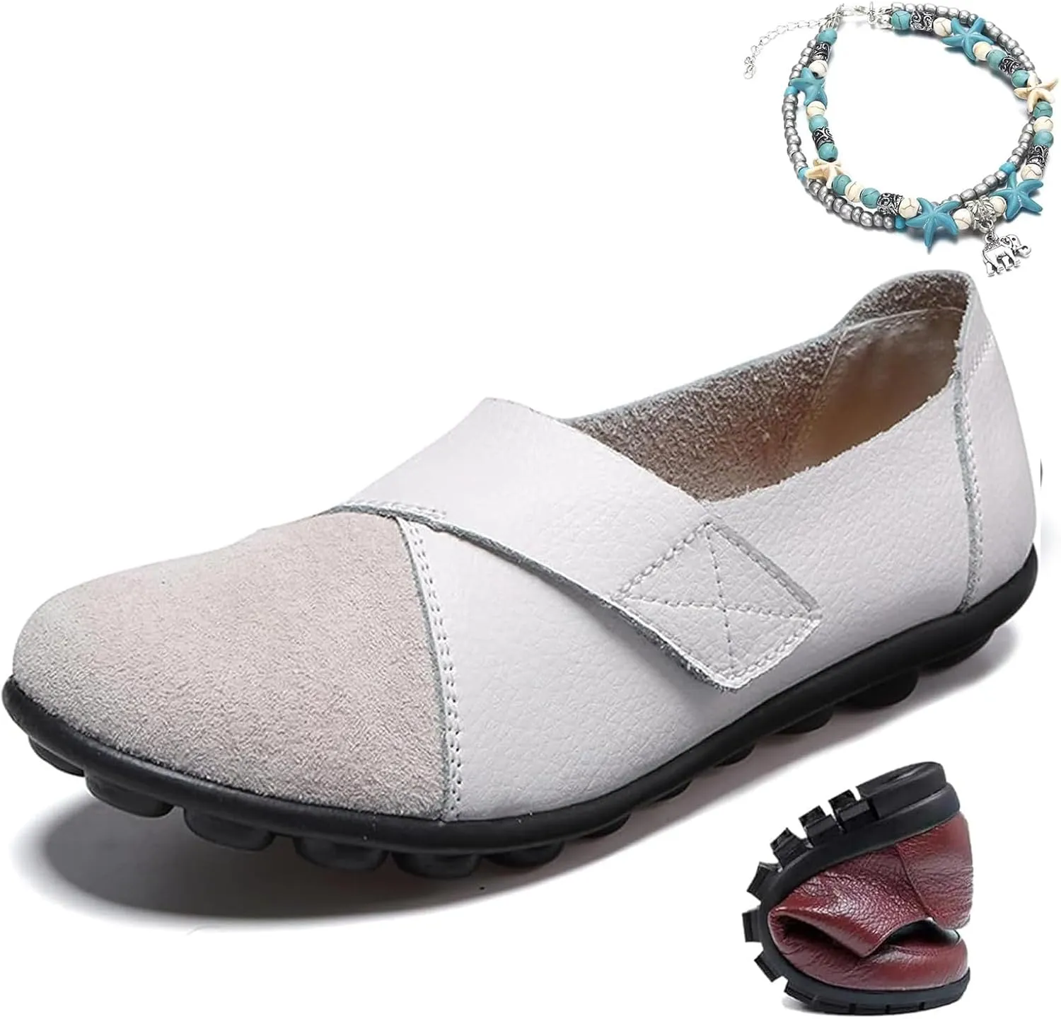 Women's Suede Leather Loafers Orthopaedic Slip-On Shoes Breathable Leather Slip On Soft Flat Moccasins Wide Fit Grooming Shoes, White, 10