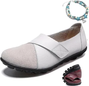 Women's Suede Leather Loafers Orthopaedic Slip-On Shoes Breathable Leather Slip On Soft Flat Moccasins Wide Fit Grooming Shoes, White, 10