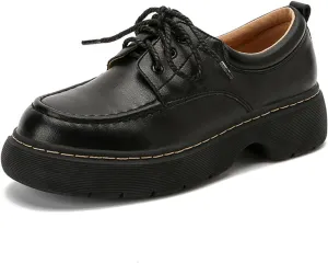 Women's Vintage Round Toe Lace-Up Chunky Heel Loafers for Spring and Autumn - Stylish Thick-Soled Leather Shoes