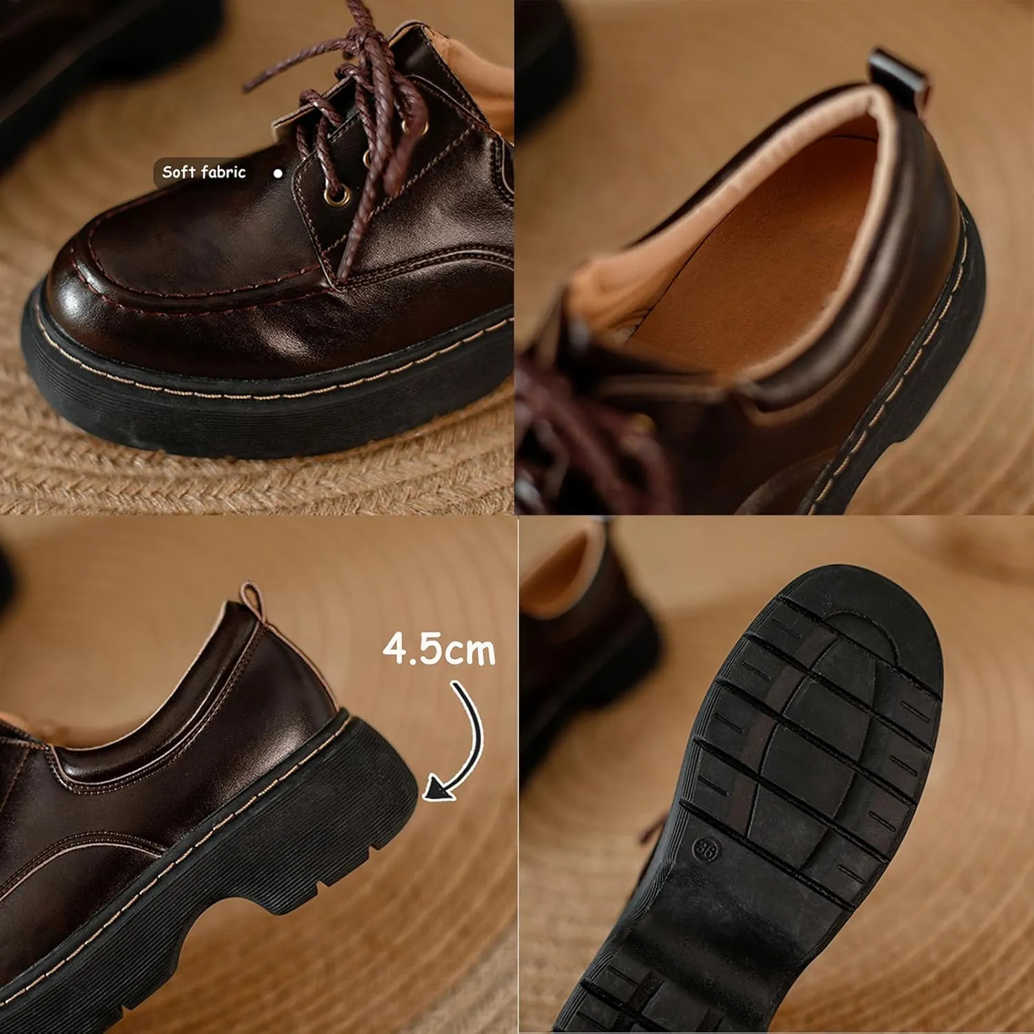 Women's Vintage Round Toe Lace-Up Chunky Heel Loafers for Spring and Autumn - Stylish Thick-Soled Leather Shoes