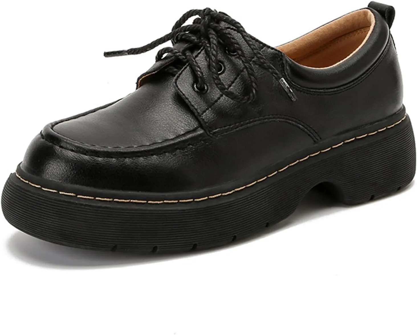 Women's Vintage Round Toe Lace-Up Chunky Heel Loafers for Spring and Autumn - Stylish Thick-Soled Leather Shoes