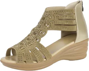 Women's Wedge Sandals Dressy Rhinestone Gladiator Sandals Zipper Back Strappy Wedge Sandal Ladies Roman Heeled Shoes