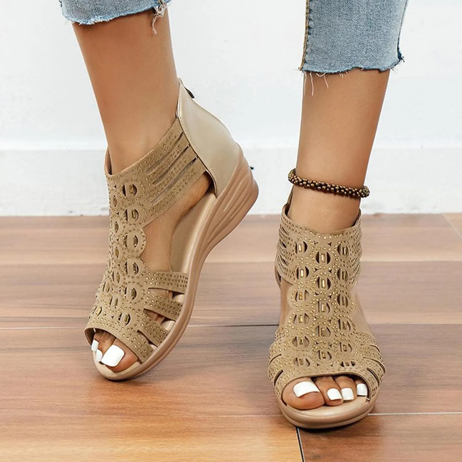 Women's Wedge Sandals Dressy Rhinestone Gladiator Sandals Zipper Back Strappy Wedge Sandal Ladies Roman Heeled Shoes