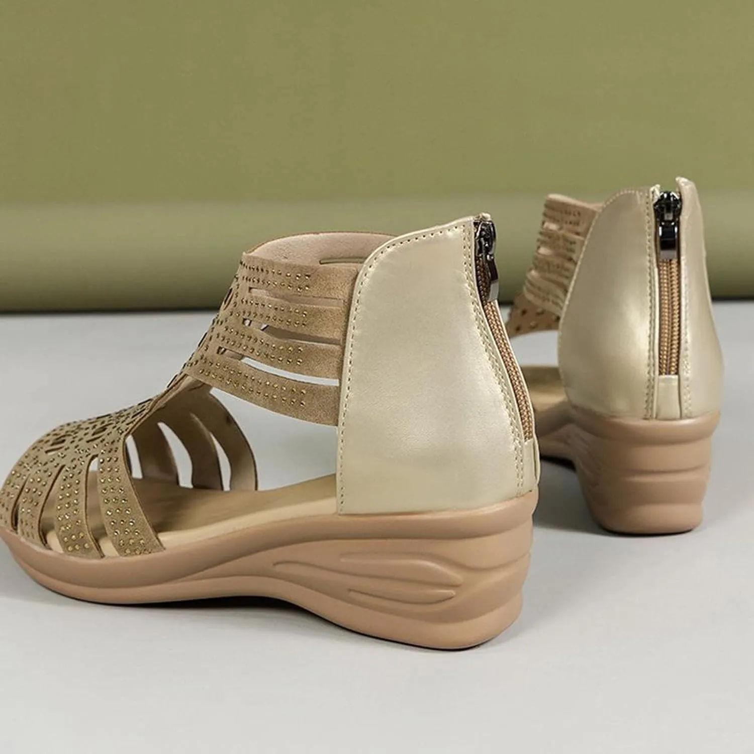 Women's Wedge Sandals Dressy Rhinestone Gladiator Sandals Zipper Back Strappy Wedge Sandal Ladies Roman Heeled Shoes