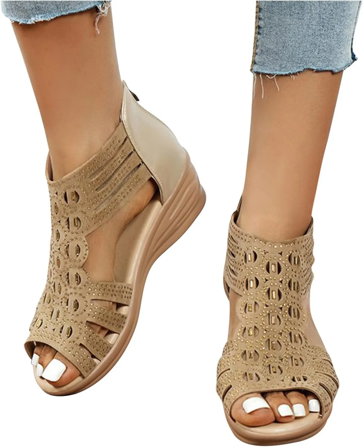 Women's Wedge Sandals Dressy Rhinestone Gladiator Sandals Zipper Back Strappy Wedge Sandal Ladies Roman Heeled Shoes