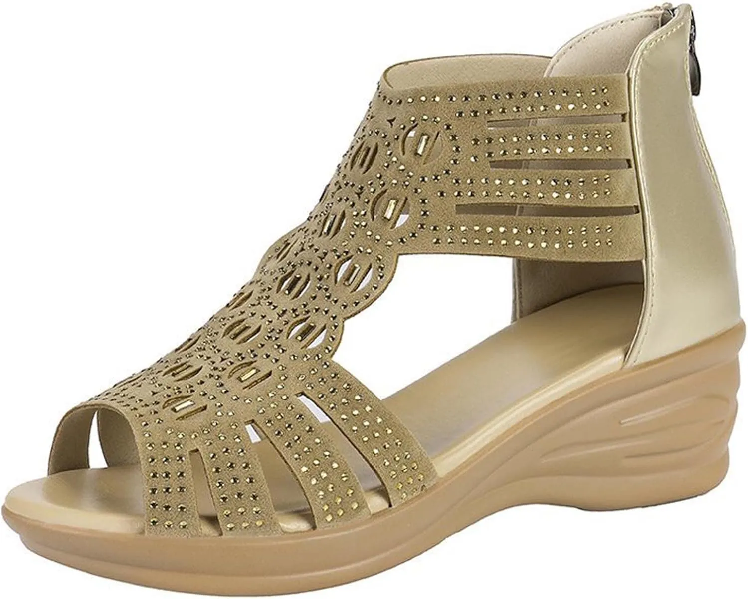 Women's Wedge Sandals Dressy Rhinestone Gladiator Sandals Zipper Back Strappy Wedge Sandal Ladies Roman Heeled Shoes