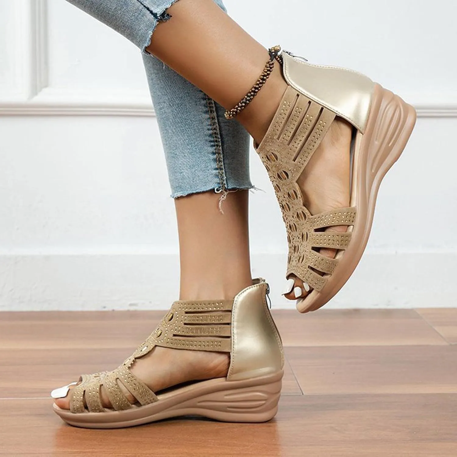 Women's Wedge Sandals Dressy Rhinestone Gladiator Sandals Zipper Back Strappy Wedge Sandal Ladies Roman Heeled Shoes