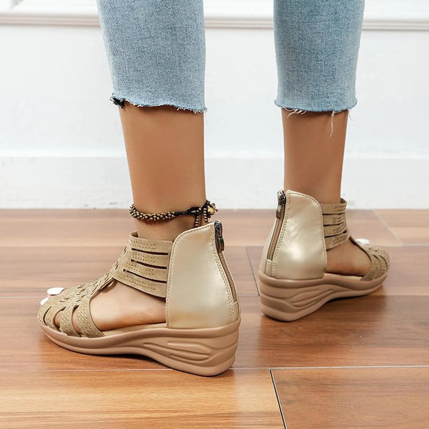 Women's Wedge Sandals Dressy Rhinestone Gladiator Sandals Zipper Back Strappy Wedge Sandal Ladies Roman Heeled Shoes